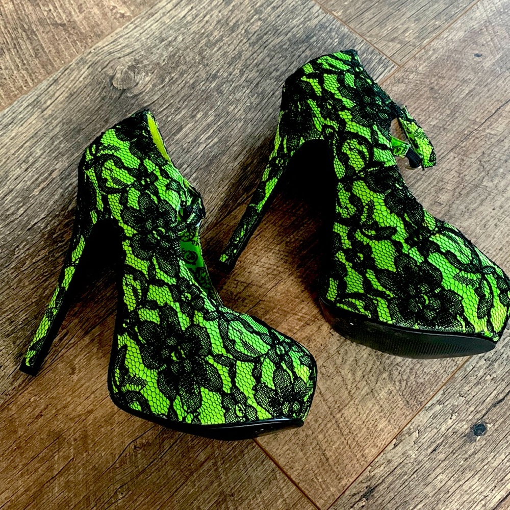 Black lace and green satin Bordello Heels